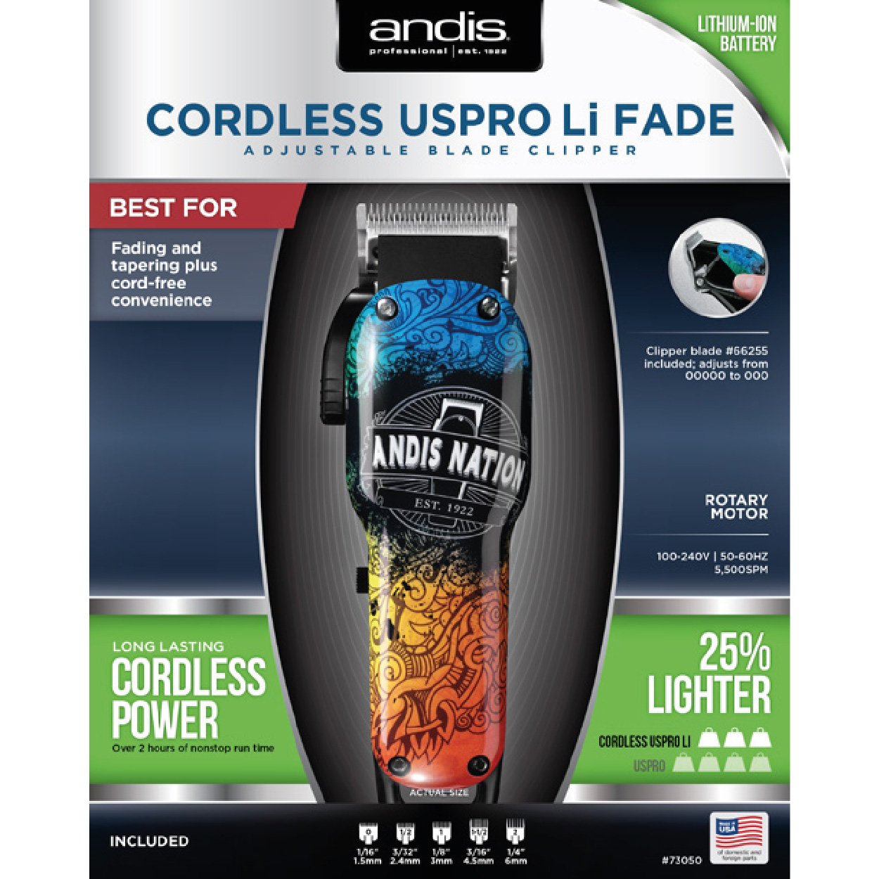 Andis Cordless Uspro Li Fade 73050, Vibrant and stylish Andis Nation styling, featuring our fine-cutting carbon steel fade blade, Lithium-Ion powered battery.