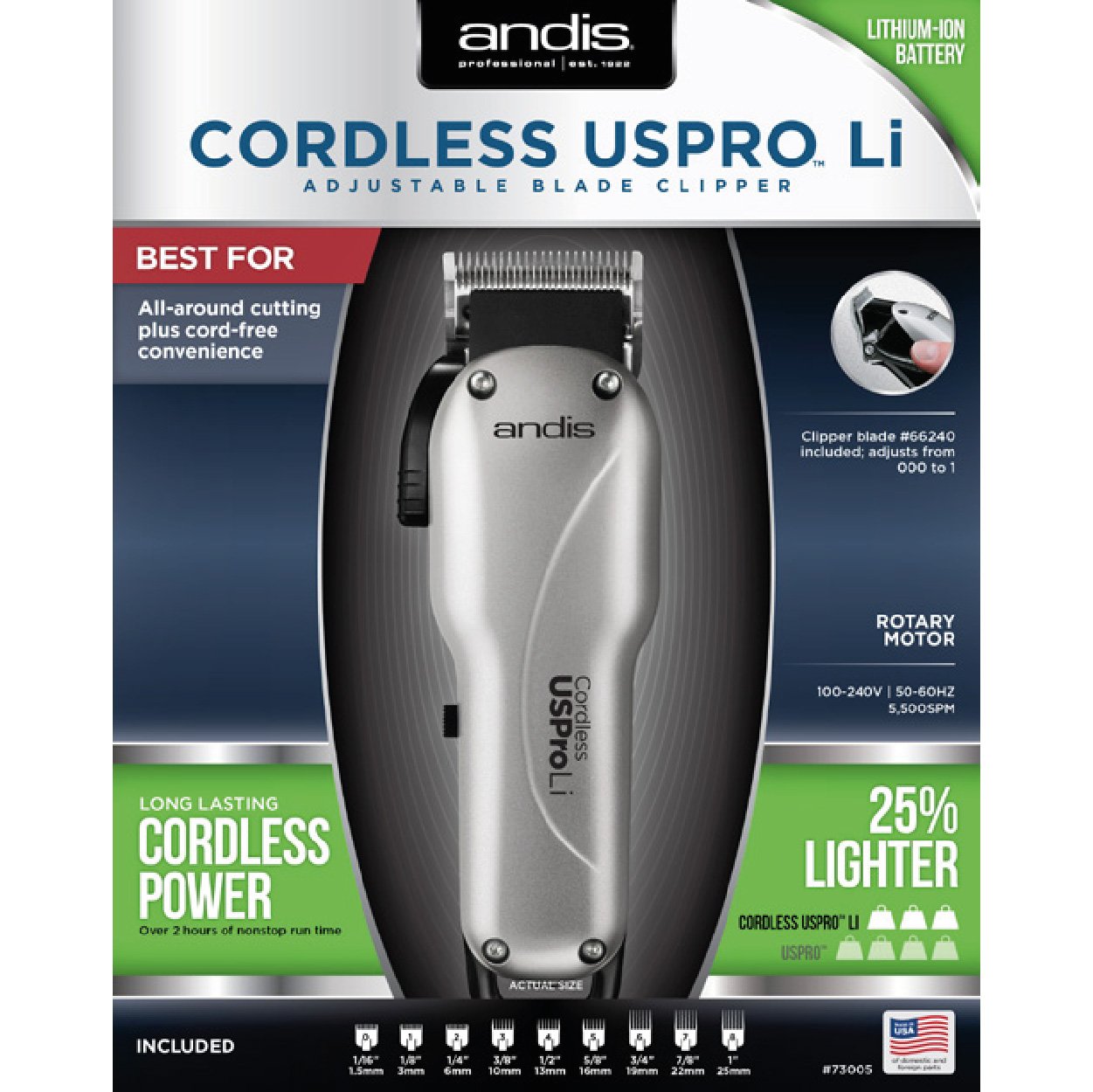 Andis Cordless USPro Li Adjustable Blade Clipper 73010, Lithium-Ion powered battery for robust and long-lasting power, charges in 90 minutes or less.