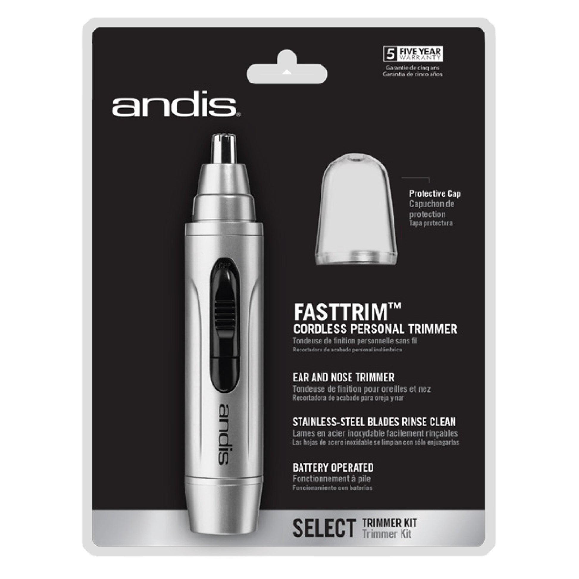 Andis Fast Trim Cordless Personal Trimmer 13540 CORDLESS EAR AND NOSE TRIMMER Detachable T-blade trimmer : Easy trimming of nose and ear hair Rotary