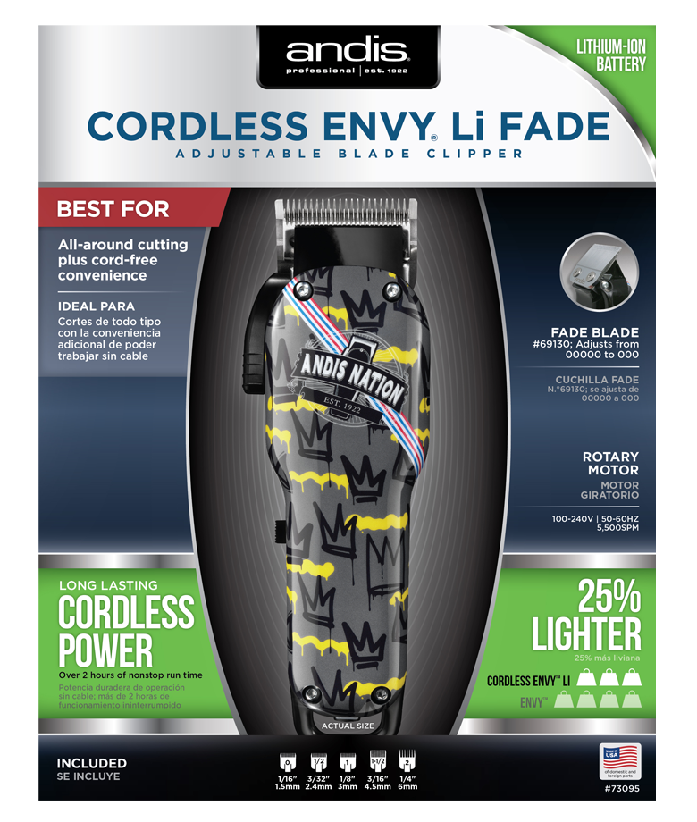 Cordless Envy Li Fade Andis Nation - Domestic Bold and vibrant Andis Nation design chosen by the barbering community, Lithium-Ion powered battery.